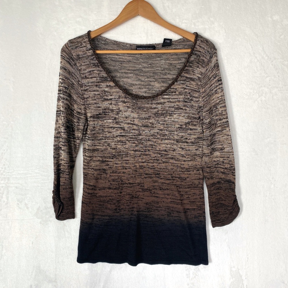 Dana Buchman Ombre Beaded Neckline 3/4 Sleeve Knit‎ Top Women Size L $250